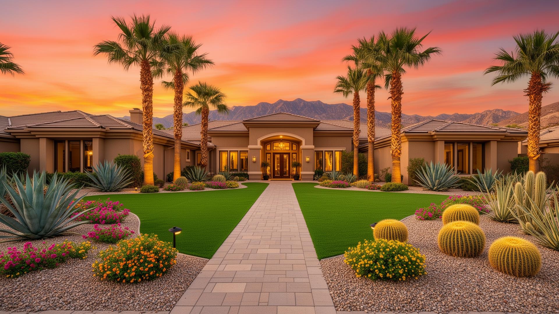 Beautifully landscaped Las Vegas front yard with palms, turf, pavers, and desert plants at sunset